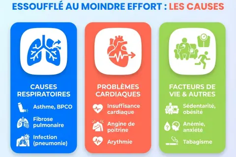 Essoufflé au moindre effort : causes respiratoires (asthme, infection), cardiaques (insuffisance, angine) et facteurs de vie (obésité, anxiété, tabagisme).