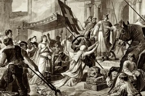 Szene eines geistlichen Gerichts im Mittelalter: König, Königin, Geistliche und Ritter versammeln sich vor einer Kathedrale.
