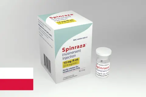 Opakowanie i fiolka leku Spinraza (nusinersen) na białym tle, z polską flagą.