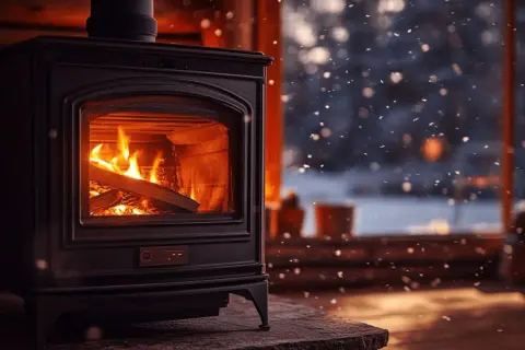 Poêle à bois crépitant, diffusant une douce chaleur. La ventilation assure une bonne circulation de l'air chaud, créant une ambiance cosy face à la neige qui tombe.