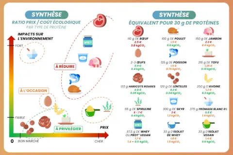 Graphique comparant le coût écologique des aliments avec le plus de protéines. Le tofu et les lentilles sont les plus avantageux.