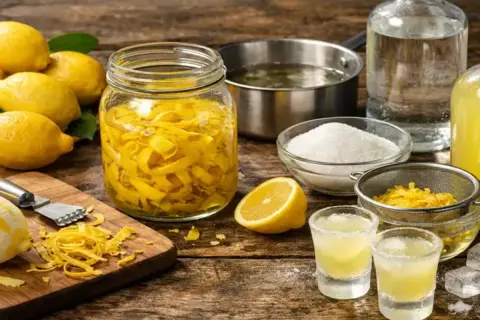 Préparation de la recette limoncello : citrons, écorces macérant dans un bocal, sucre, alcool et verres prêts à déguster.