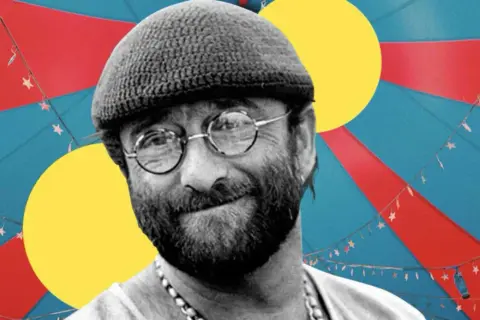 Ritratto di Lucio Dalla con cappello e occhiali, su sfondo colorato con stelle filanti. Testi lucio dalla cosa sarà.