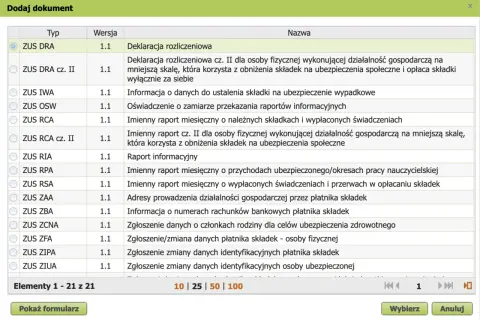 Wybierz formularz ZUS DRA, aby wypełnić deklarację rozliczeniową.