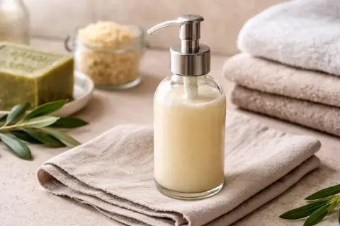 Sapone di Marsiglia liquido in dispenser, ideale per pulire casa con ingredienti naturali. Accanto, una saponetta verde e soffici asciugamani.