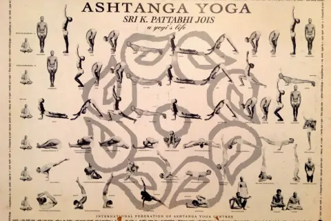 El cartel muestra las posturas de **ashtanga yoga que es** una secuencia de posturas físicas, respiración y meditación.
