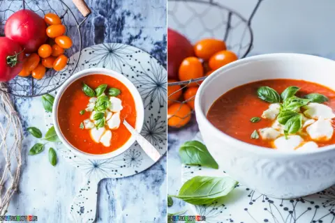 Aksamitna zupa krem z pomidorów z puszki, udekorowana świeżą bazylią i kawałkami mozzarelli. Obok koszyk z dojrzałymi pomidorami.