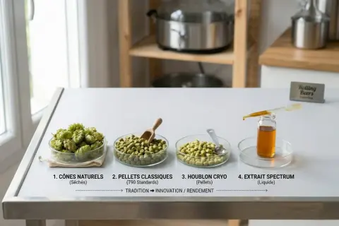 Der Unterschied Hopfen und Hopfenextrakt: Naturbelassene Hopfenkegel, Pellets, Cryo-Hopfen und flüssiger Extrakt auf einem Tisch.