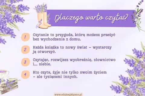 Cytaty zachęcające do czytania książek dla dzieci: "Czytanie to przygoda", "Każda książka to nowy świat", "rozwijasz wyobraźnię", "żyje tysiącami innych".
