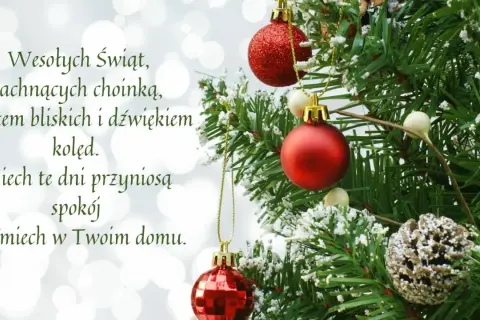 Choinka z bombkami i szyszką, na tle bokeh. Wesołych Świąt, pachnących choinką, ciepłem bliskich i dźwiękiem kolęd. Niech te dni przyniosą spokój i uśmiech w Twoim domu.