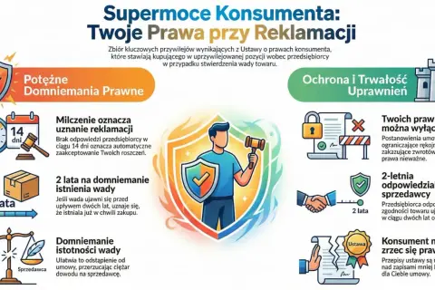 Supermoce konsumenta: prawa przy reklamacji. Grafika przedstawia prawa konsumenta, np. 2 lata odpowiedzialności sprzedawcy, milczenie oznacza uznanie reklamacji.
