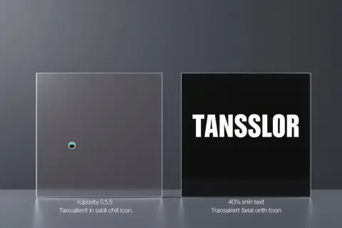 Deux panneaux : l'un transparent avec un petit cercle bleu et blanc, l'autre noir avec le mot "TANSSLOR" en blanc. Illustration de la transparence CSS.