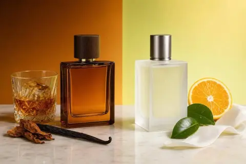 Dwa flakony perfum: jeden bursztynowy z drewnianą nakrętką, obok szklanka whisky i laska wanilii, drugi matowy, z metalową nakrętką, obok plaster pomarańczy i liście. Zapach erba gold.