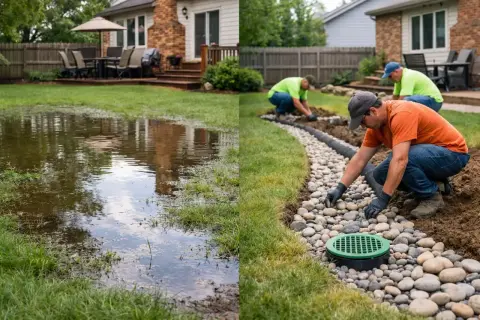 Before and after: a flooded yard is transformed by workers installing a drainage system, solving the ponding problem.