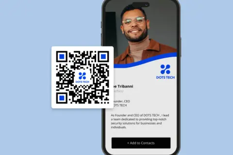 Digital business card examples: A QR code and smartphone display a digital business card for Joe Tribanni, Founder & CEO of DOTS TECH.