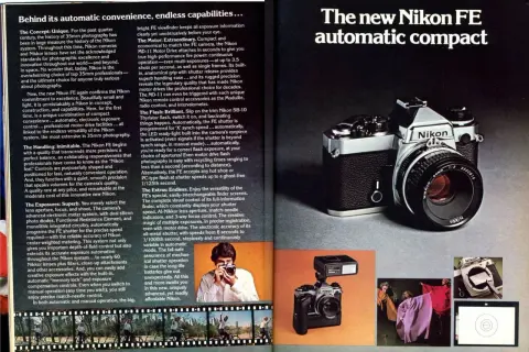 A vintage Nikon FE camera with a Nikkor lens, showcasing its classic design and advanced features for photographers.