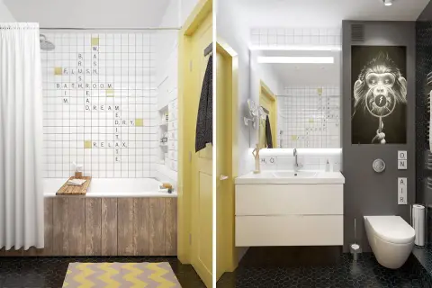 Une salle de bain enfant ludique avec des mots à la scrabble sur les murs. Une idée originale pour une décoration joyeuse et interactive.