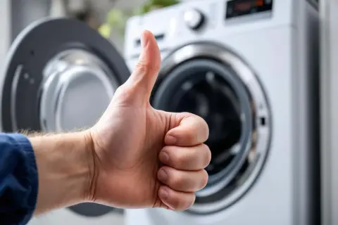 Pouce levé devant une machine à laver ouverte, signe d'un branchement machine à laver réussi.