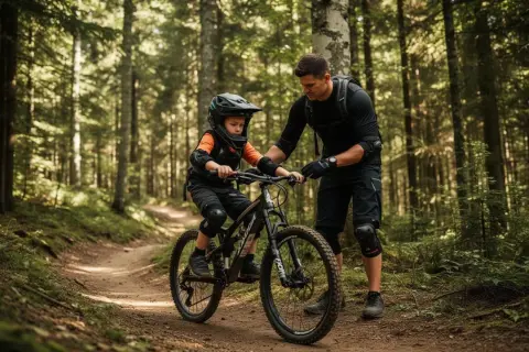 Ojciec uczy syna jazdy na rowerze po leśnych trasach. Dziecko w kasku i ochraniaczach, z pomocą taty, odkrywa uroki tras rowerowych dla dzieci.
