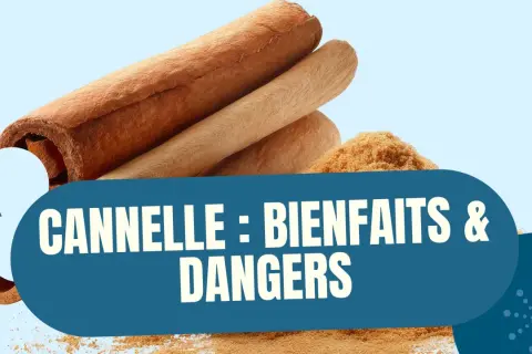 Bâtonnets et poudre de cannelle. Le texte indique "Cannelle : bienfaits & dangers", soulignant les dangers potentiels de cette épice.