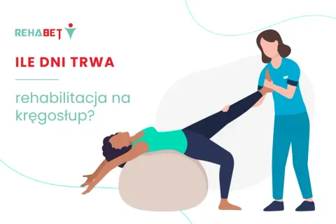 Ilustracja: fizjoterapeuta pomaga pacjentce ćwiczyć na piłce rehabilitacyjnej.