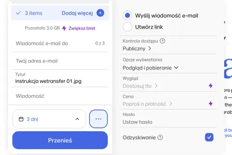 Interfejs usługi wetransfer co to jest? Wysyłanie plików, ustawianie tytułu "instrukcja wetransfer 01.jpg", wybór daty ważności i opcji wysyłki.
