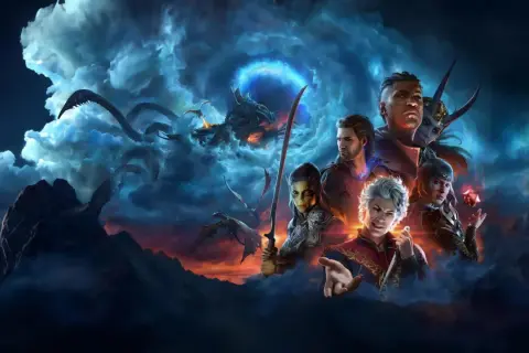 Postacie z Baldur's Gate 3 na tle burzowych chmur i potworów. Ten poradnik pomoże Ci w przygodzie.