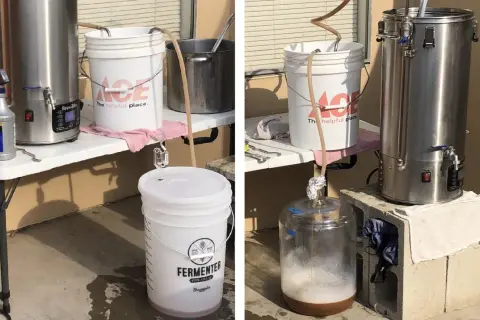 Dwa zestawy do domowego warzenia piwa: fermentor FermZilla i stożkowy fermentor szklany.