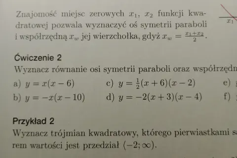 Fragment tekstu matematycznego z równaniami i wykresem paraboli.