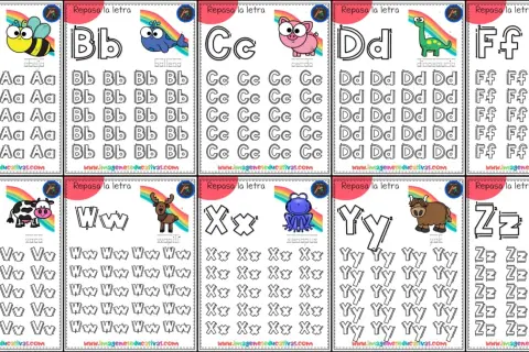 Hojas de caligrafía para imprimir con letras A-Z y dibujos de animales.