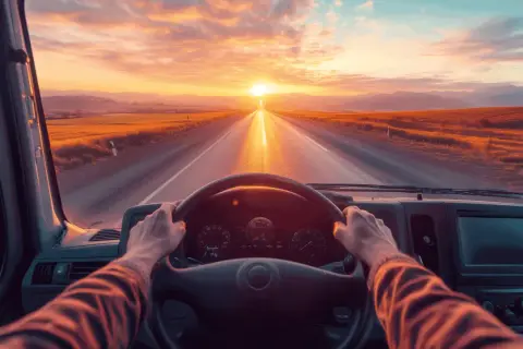 Mani sul volante, un tramonto dorato all'orizzonte. Un viaggio che aiuta a superare la paura di guidare, verso un futuro luminoso.