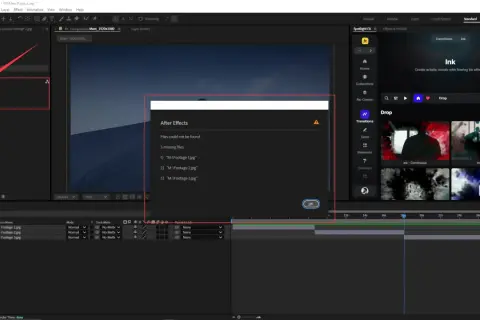 After Effects shows missing files error, indicating how to relink files in After Effects.