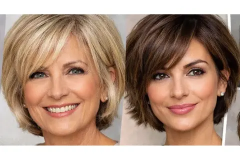 Due donne sorridono, una con capelli biondi e l'altra con capelli castani. Entrambe sfoggiano un taglio di capelli fresco e moderno.