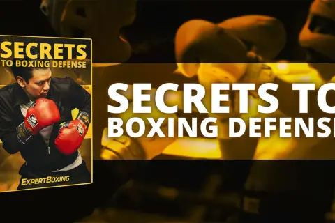 Book cover and graphic promoting "Secrets to Boxing Defense," featuring a boxer in red gloves and the title. Learn essential boxing defense tips.