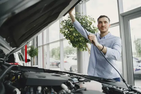Un homme examine le moteur d'une voiture neuve dans un showroom. Il s'assure de la qualité avant de finaliser le prix de l'expertise voiture.