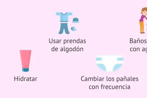 Consejos para el cuidado de la piel atópica del bebé: cortar uñas, hidratar, usar algodón, baños tibios y cambiar pañales.