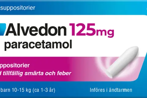 Alvedon 125mg paracetamol suppositorier för barn. 10 st. För lindring av smärta och feber hos barn 1-3 år.