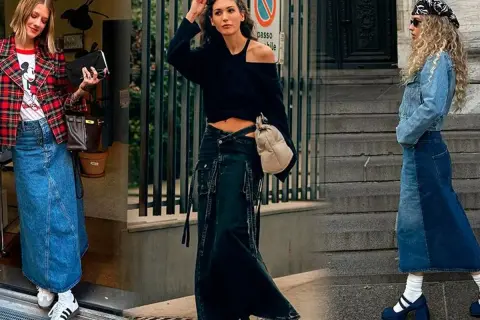 Tres mujeres lucen una falda vaquera larga. La de la izquierda, con chaqueta de cuadros y camiseta de Mickey. La del centro, con top negro y falda de cargo. La de la derecha, con chaqueta vaquera y pañuelo.