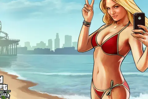 Kobieta w czerwonym bikini robi selfie na plaży z widokiem na miasto i diabelski młyn.