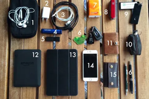 Organización de objetos para el everyday carry: auriculares, cargador, cables, power bank, USB, llavero, pañuelos, navaja, tarjeta, billetera, funda, móvil, tarjetero y bolígrafos.