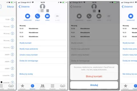 Ekran iPhone'a pokazujący listę ostatnich połączeń, z opcją "Blokuj kontakt", która jest kluczowa, jak zablokować numer.
