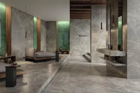 Luksusowe wnętrze spa z marmurowymi płytkami Atlas Concorde. Relaks w stylu Concorde, prawdziwy marvel.