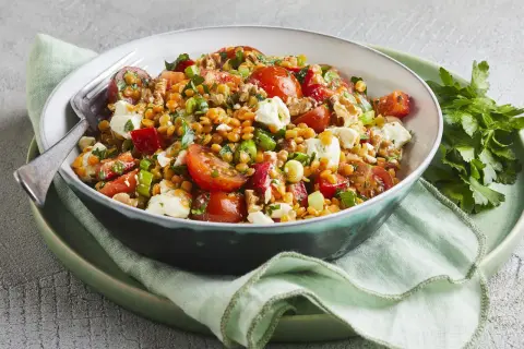 Ein bunter rote Linsen Salat mit Tomaten, Feta und Kräutern, appetitlich in einer Schüssel serviert.