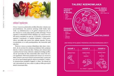 Kolorowy talerz niemowlaka z podziałem na grupy produktów, obok zdjęcie owoców i warzyw. Tekst o rozszerzaniu diety niemowląt.