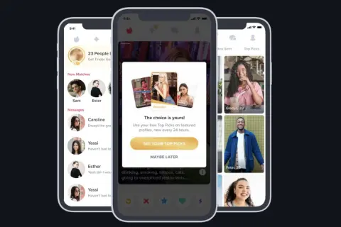 Ekran aplikacji randkowej, która wyjaśnia, co to jest Tinder i jak działają "Top Picks".