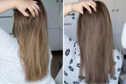 Przed i po: blond włosy zyskały głębszy, chłodniejszy odcień.