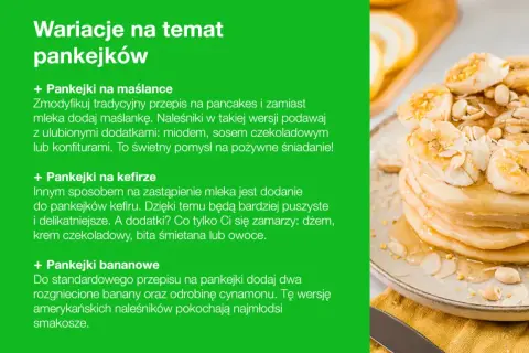 Prosty przepis na pankejki: bananowe, na maślance lub kefirze. Stos na talerzu z bananami i syropem.