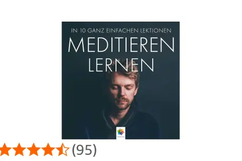 Mann mit geschlossenen Augen, der entspannt wirkt. Der Titel "Meditieren lernen" verspricht, wie man einfach meditieren kann.