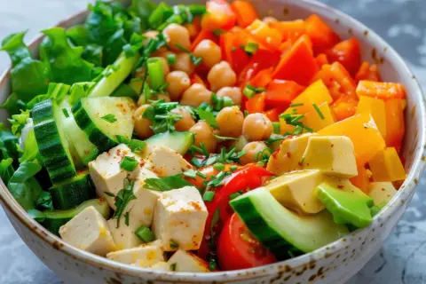 Salade colorée de pois chiches, concombre, poivrons, tomates et tofu en dés.