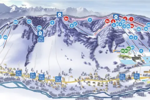 Mapa wyciągów narciarskich w Bukowinie Tatrzańskiej. Widoczne trasy, wyciągi (oznaczone numerami) i punkty obsługi Ski Bus.
